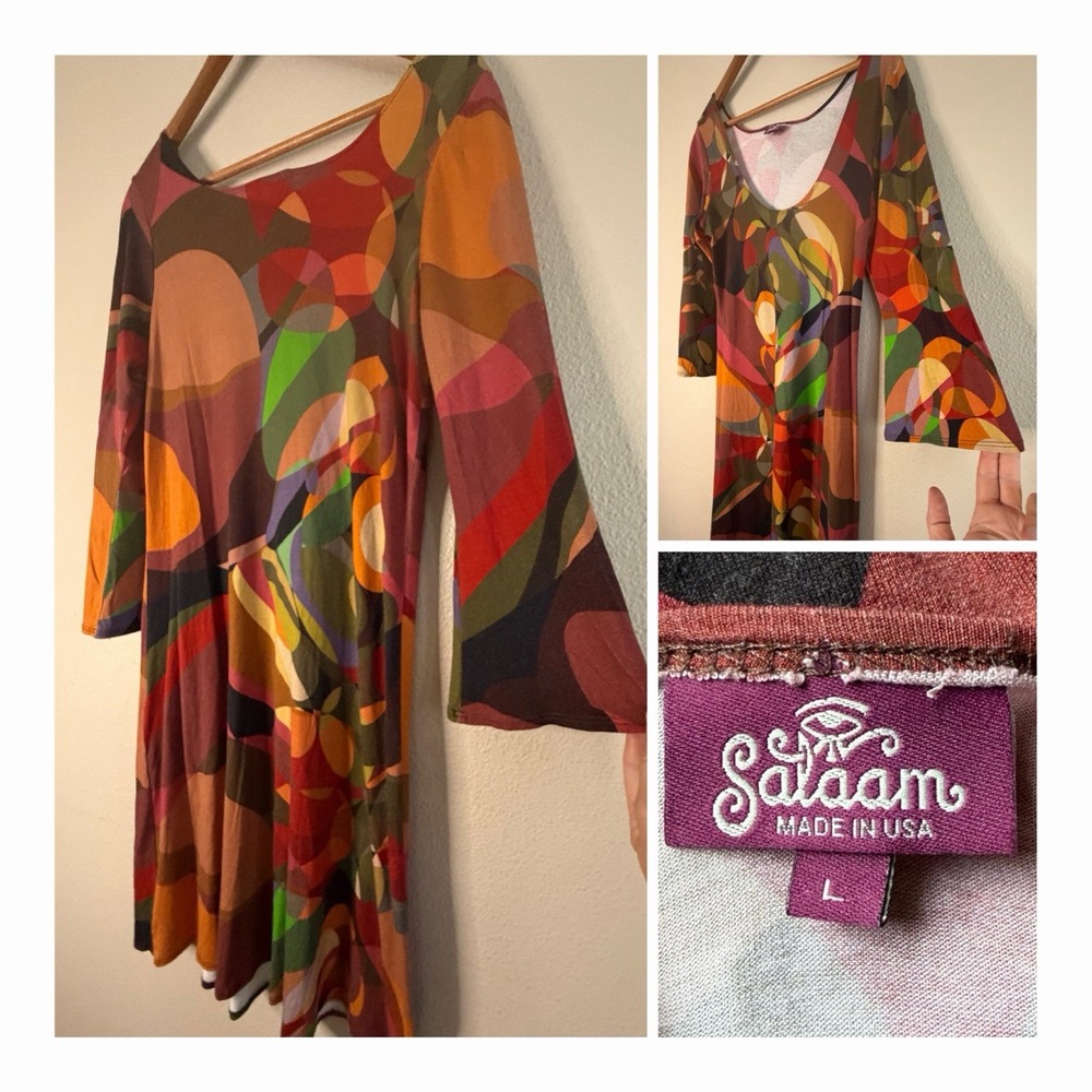 Salaam Clothing VT Dress Womens L Geometric Abstract Art Rayon Blend Bell Sleeve